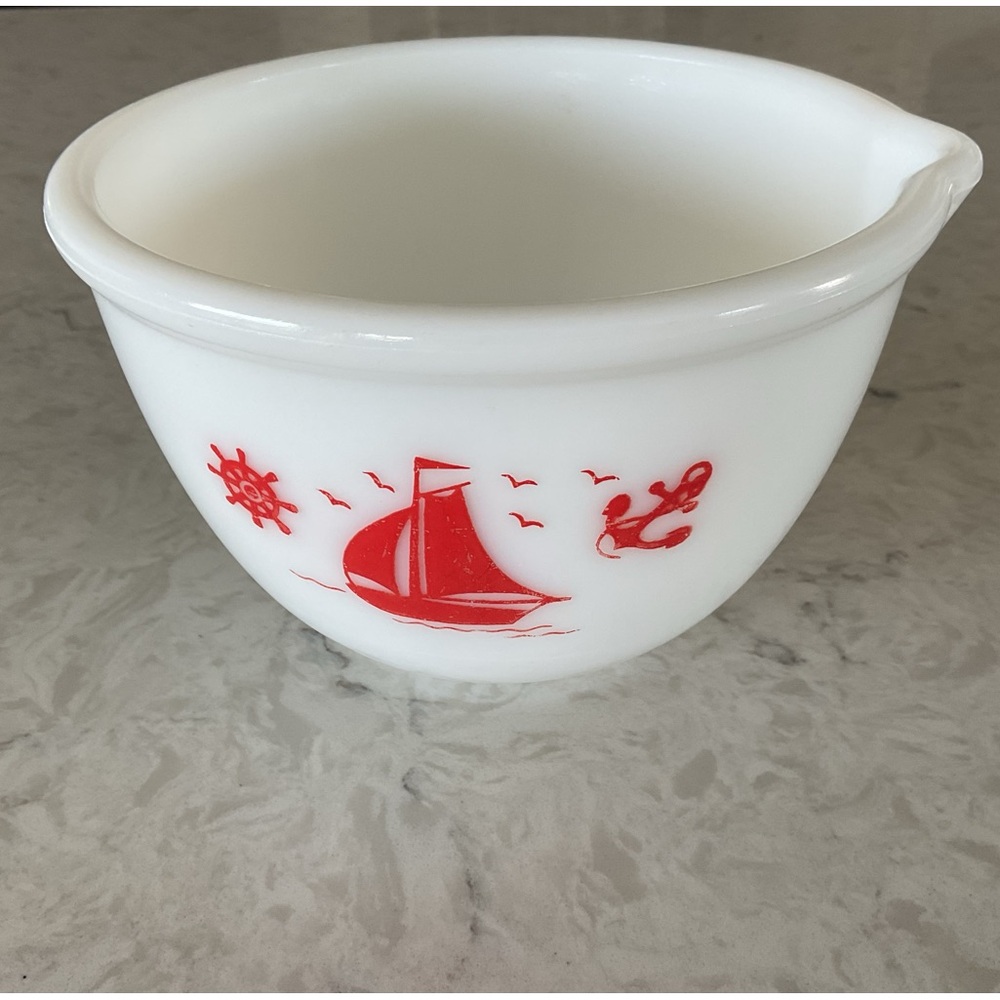 Vintage Milk Glass Nautical Themed Mixing Batter Bowl with Red Sailboat Motif